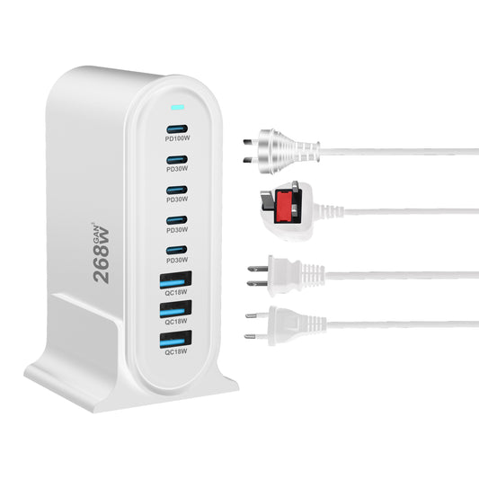 USB C Fast Charger GaN Charger 268W Multi-Port USB Charger 8-Port Charging Station Hub Fast Compact GaN Charger Power Adapter