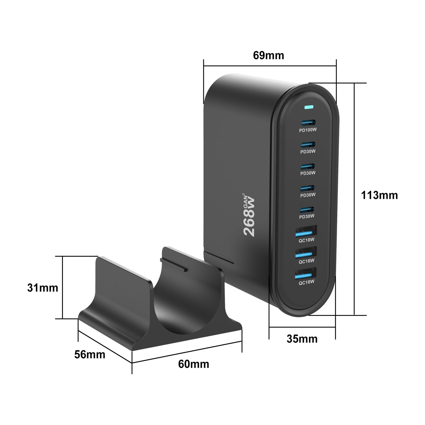 USB C Fast Charger GaN Charger 268W Multi-Port USB Charger 8-Port Charging Station Hub Fast Compact GaN Charger Power Adapter